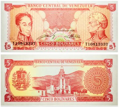 Banknote 5 Bolivares Venezuela isolated on white emitted on 1989. On front Simon Bolivar at left, Francisco de Miranda at right. On Back Arms at left, National Pantheon at center