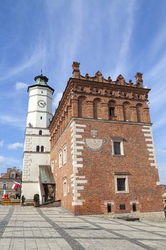 Sandomierz, Poland. April 29,2016. View on market with Sandomierz Town Hall on sunny day.Sandomierz is known for its Old Town, which is a major tourist attraction.