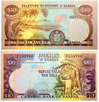 Banknote 10 tala Samoa front and back isolated on white emitted on 2002. Man picking bananas at right, national flag at left center. Back: Shoreline landscape, arms at lower center, national flag at center right