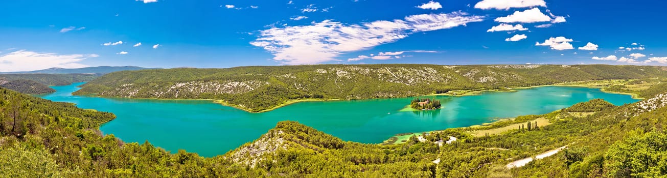 Krka river national park panoramic view with Visovac monastery, Dalmatia, Croatia