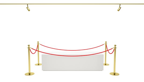 Empty showcase with tiled stand barriers for exhibit. Isolated white background. 3D illustration