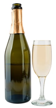 Champagne bottle and champagne glass isolated on white background