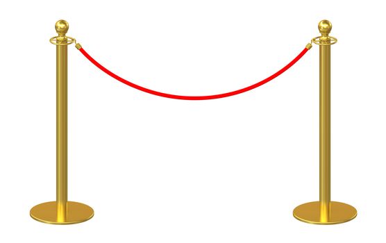 Golden fence, stanchion with red barrier rope, isolated on white background. 3d rendering