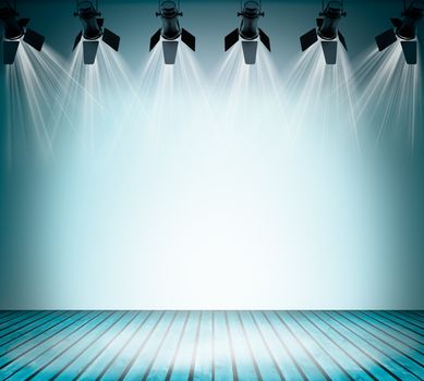 Illuminated empty blue concert stage with soffits. 3D illustration