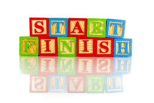 start finish words reflection on white background