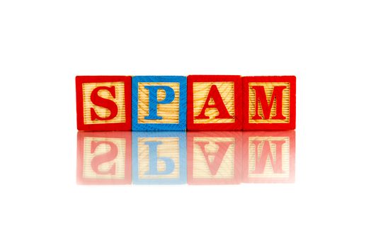 spam word reflection on white background