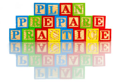 plan prepare practice words reflection in white background