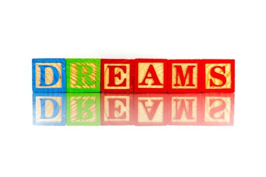 dreams word reflection on white background