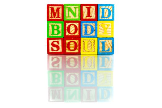 mind body soul words reflection on white background