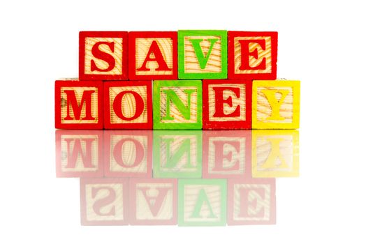 save money words reflection on white background