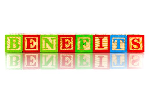 benefits word reflection on white background