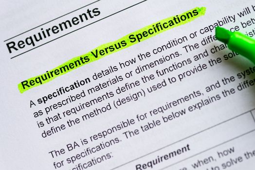 requirement versus specification sentence highlighted by green marker