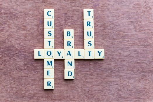 customer loyalty crossword blocks on the wooden background
