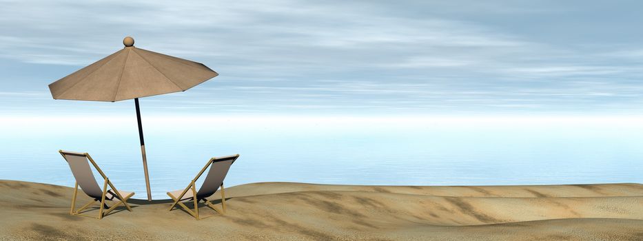 Two chairs under an umbrella at the beach by cloudy day - 3D render