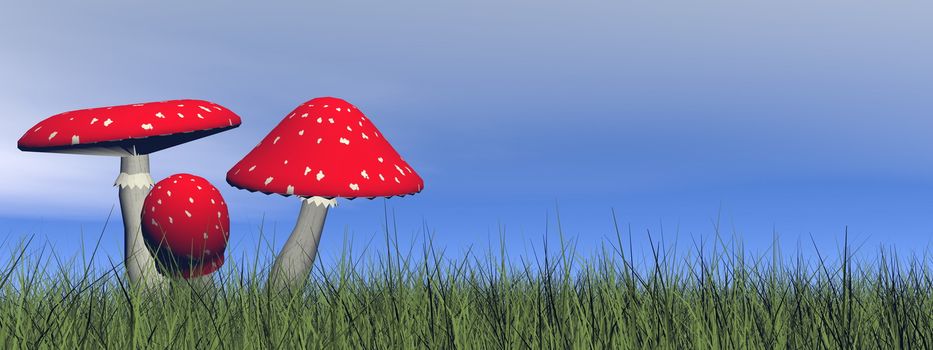 Red mushrooms in the grass by day - 3D render