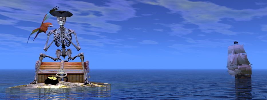 Skeleton pirate sitting on a treasure chest with its parrot by day with ship behind on the ocean - 3D render