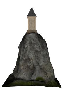 Tower upon a big rock isolated in white background - 3D render