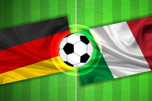 green Soccer / Football field with stripes and flags of germany - italy, and ball.