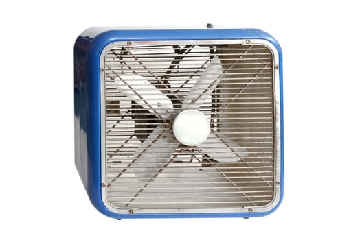 Blue retro electric fan on white background