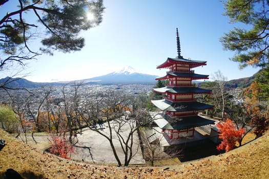 Red pagoda with Mt. Fuji as the background                  