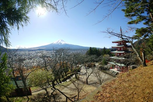 Mt. Fuji, Japan viewed from Chureito Pagoda in the autumn.