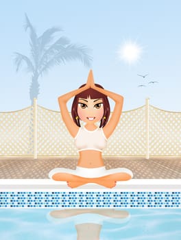 illustration of girl doing yoga by the pool