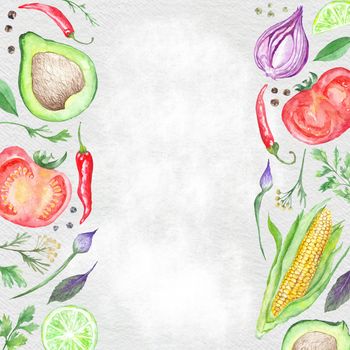 Watercolor menu template paper background with hand-painted vegetarian food ingredients