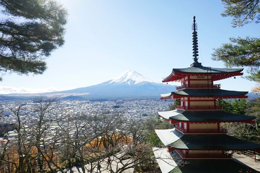 mountain fuji and chureito pagada from kawagushiko , yamanashi prefecture