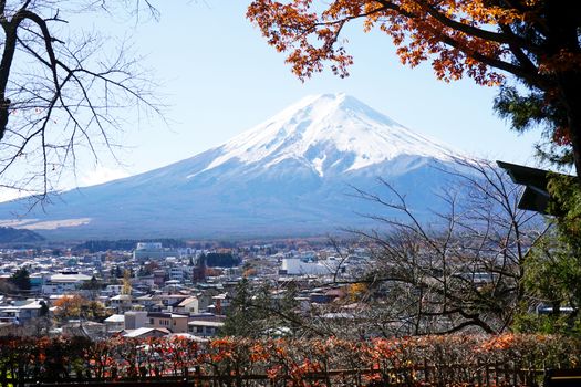 Mt. Fuji with fall colors in Japan.