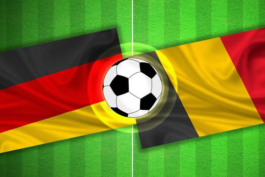 green Soccer / Football field with stripes and flags of germany - belgium, and ball.