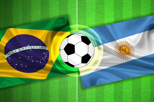 green Soccer / Football field with stripes and flags of brazil - argentina, and ball.