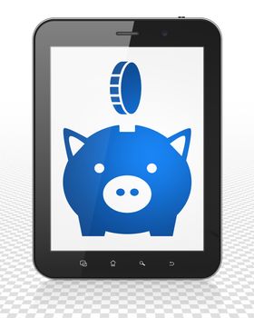 Banking concept: Tablet Pc Computer with blue Money Box With Coin icon on display, 3D rendering