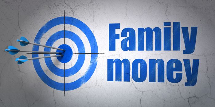 Success currency concept: arrows hitting the center of target, Blue Family Money on wall background, 3D rendering