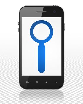 Web design concept: Smartphone with blue Search icon on display, 3D rendering