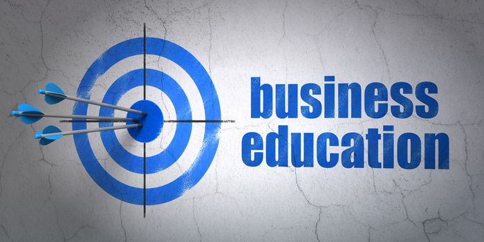 Success Learning concept: arrows hitting the center of target, Blue Business Education on wall background, 3D rendering