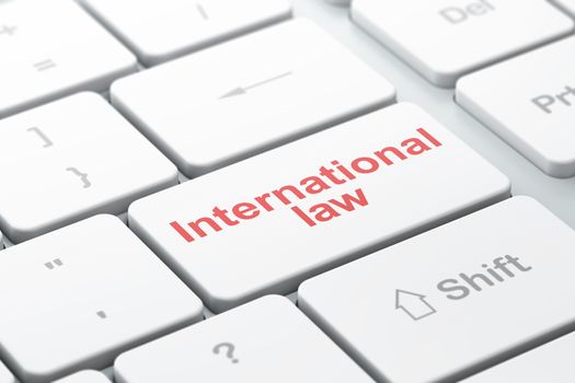 Political concept: computer keyboard with word International Law, selected focus on enter button background, 3D rendering