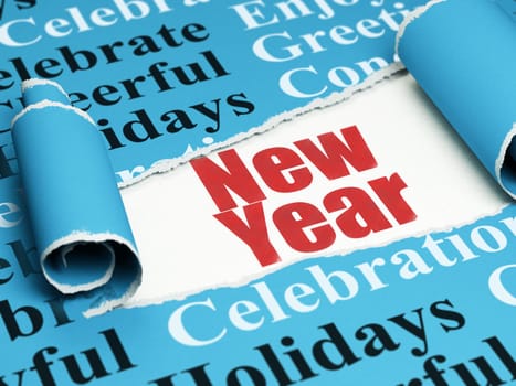 Holiday concept: red text New Year under the curled piece of Blue torn paper with  Tag Cloud, 3D rendering