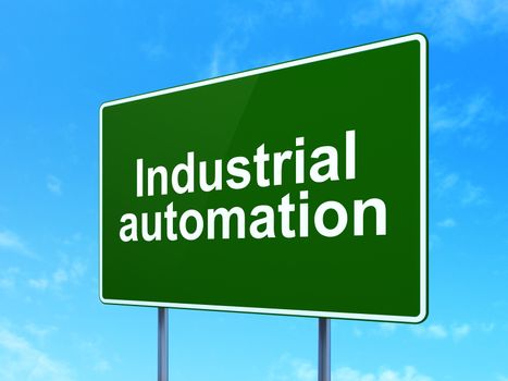 Industry concept: Industrial Automation on green road highway sign, clear blue sky background, 3D rendering