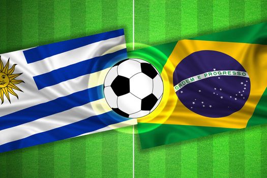 green Soccer / Football field with stripes and flags of uruguay - brazil, and ball.