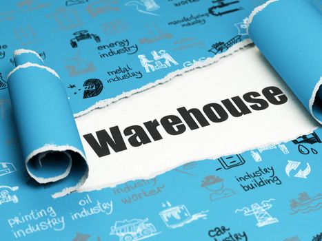 Industry concept: black text Warehouse under the curled piece of Blue torn paper with  Hand Drawn Industry Icons, 3D rendering