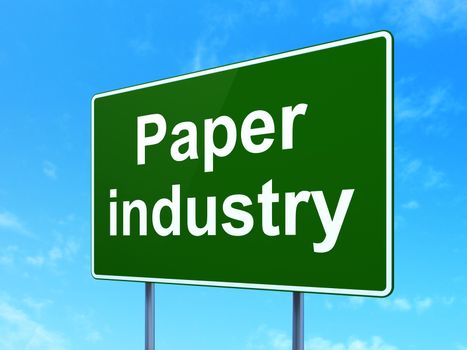 Manufacuring concept: Paper Industry on green road highway sign, clear blue sky background, 3D rendering
