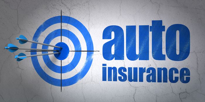 Success Insurance concept: arrows hitting the center of target, Blue Auto Insurance on wall background, 3D rendering