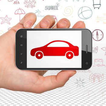 Vacation concept: Hand Holding Smartphone with  red Car icon on display,  Hand Drawn Vacation Icons background, 3D rendering