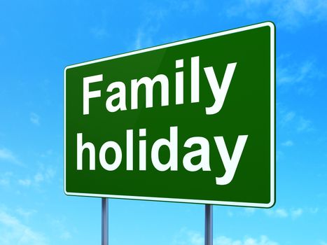 Tourism concept: Family Holiday on green road highway sign, clear blue sky background, 3D rendering