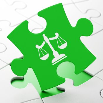Law concept: Scales on Green puzzle pieces background, 3D rendering