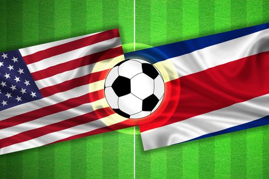 green Soccer / Football field with stripes and flags of usa / america - costa rica, and ball.
