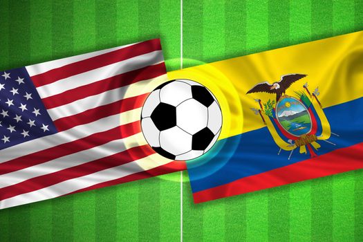 green Soccer / Football field with stripes and flags of usa / america - ecuador, and ball.
