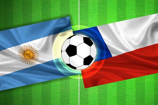 green Soccer / Football field with stripes and flags of argentina - chile, and ball.