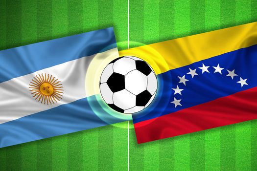 green Soccer / Football field with stripes and flags of argentina - venezuela, and ball.