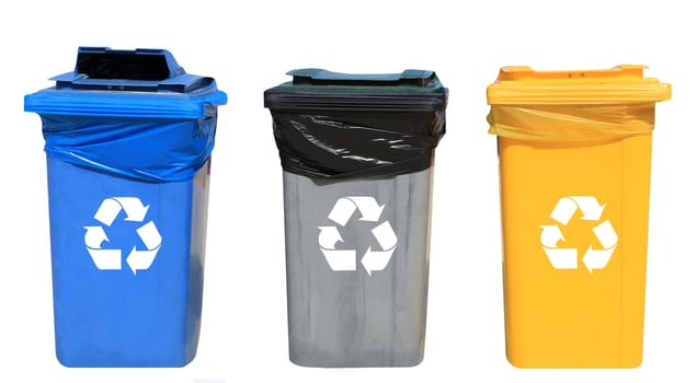 Set of blue, gray and yellow recycling bins on a white background.